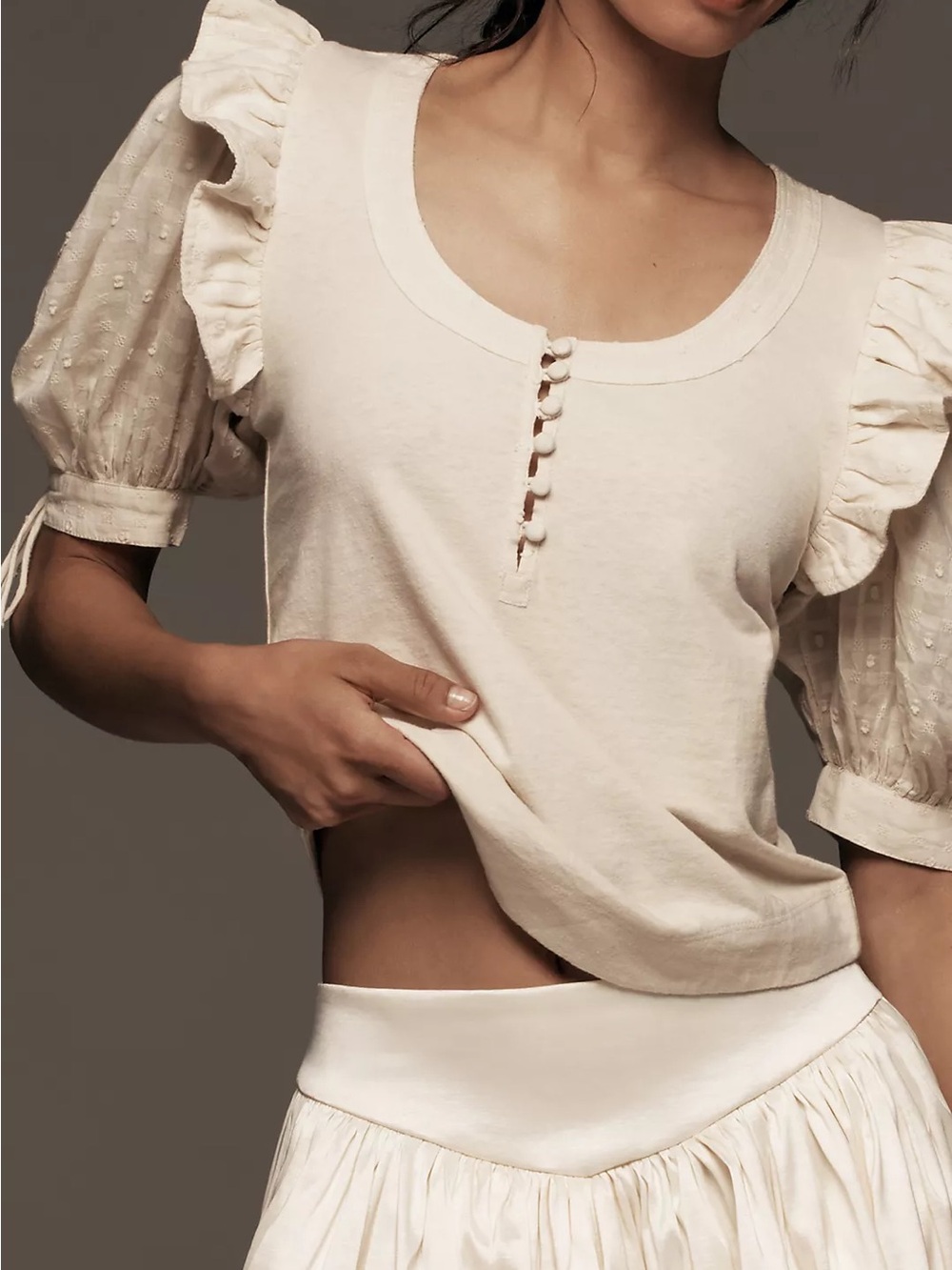 NWT Anthropologie Embroidered Puff-Sleeve Top XL Creme Eyelet Ruffle Henley - Picture 6 of 12